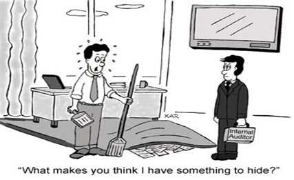 A cartoon drawing with two men wearing business suites in an office.  One man is holding a broom and dust pan while standing next to a large pile of cash hidden under a rug.  The other man is holding a brief case that says Internal Auditor. 
